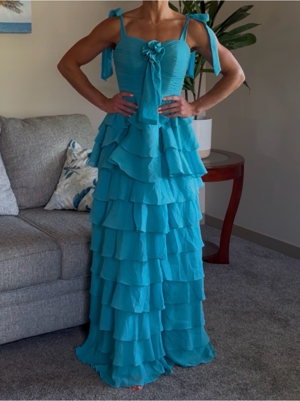 Turquoise Tiered Ruffle Maxi Dress with Bow Shoulder Ties